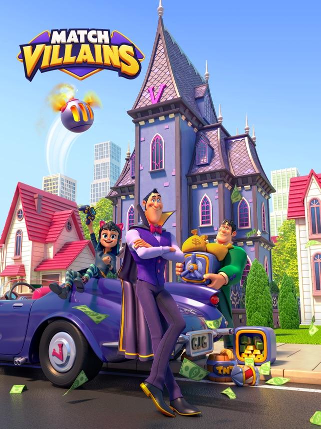 A vibrant Match Villains puzzle board with an active combo